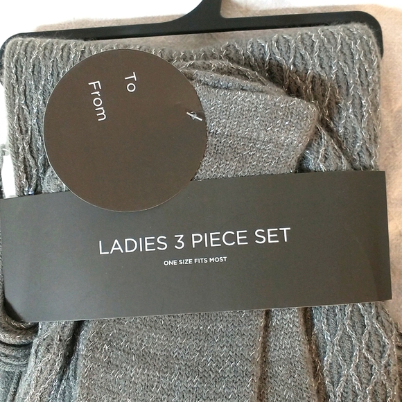 NWT Kirkland's ladies scarf, hat & glove set. Gray with silver metallic, soft. - Picture 4 of 4